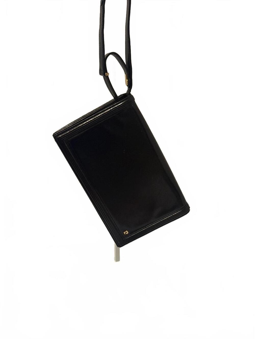 Pierre Cardin black leather clutch shoulder bag w/ branded pocket hanger